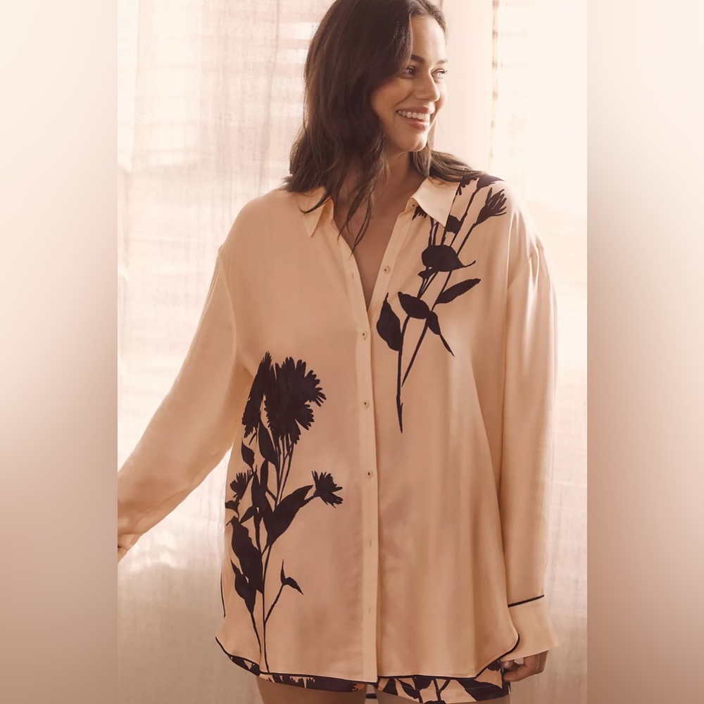 Anthropologie Cream and Black Floral Pajama top